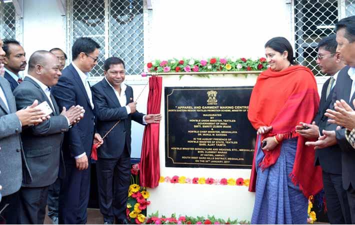 Union minister for textiles Smriti Irani accompanied by the Chief Minister of Meghalaya Dr Mukul Sangma and the minister of state for home affairs Kiren Rijiju inaugurating the Apparel & Garment Makin